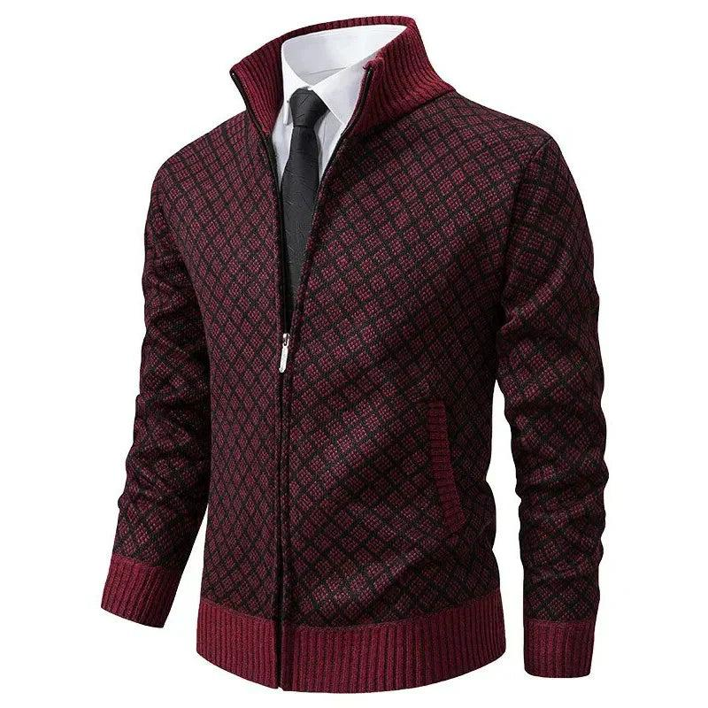 Burgundy diamond-knit zip cardigan with ribbed collar and hem, shown over a white shirt and black tie 4
