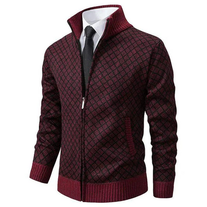 Burgundy diamond-knit zip cardigan with ribbed collar and hem, shown over a white shirt and black tie 4