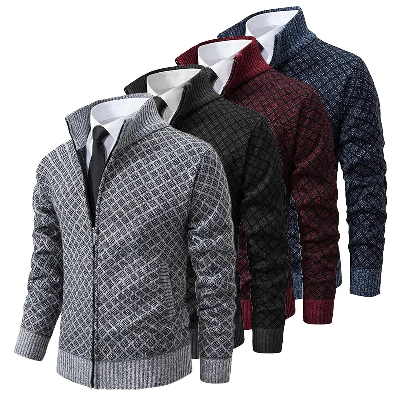 Four diamond-knit zip cardigans in grey, black, burgundy and navy, overlapped to show the colour choices 5
