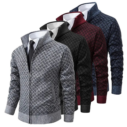 Four diamond-knit zip cardigans in grey, black, burgundy and navy, overlapped to show the colour choices 5