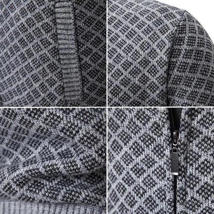 Four close-up details of the grey knit: pocket opening, diamond pattern, ribbed texture and metal zip 6