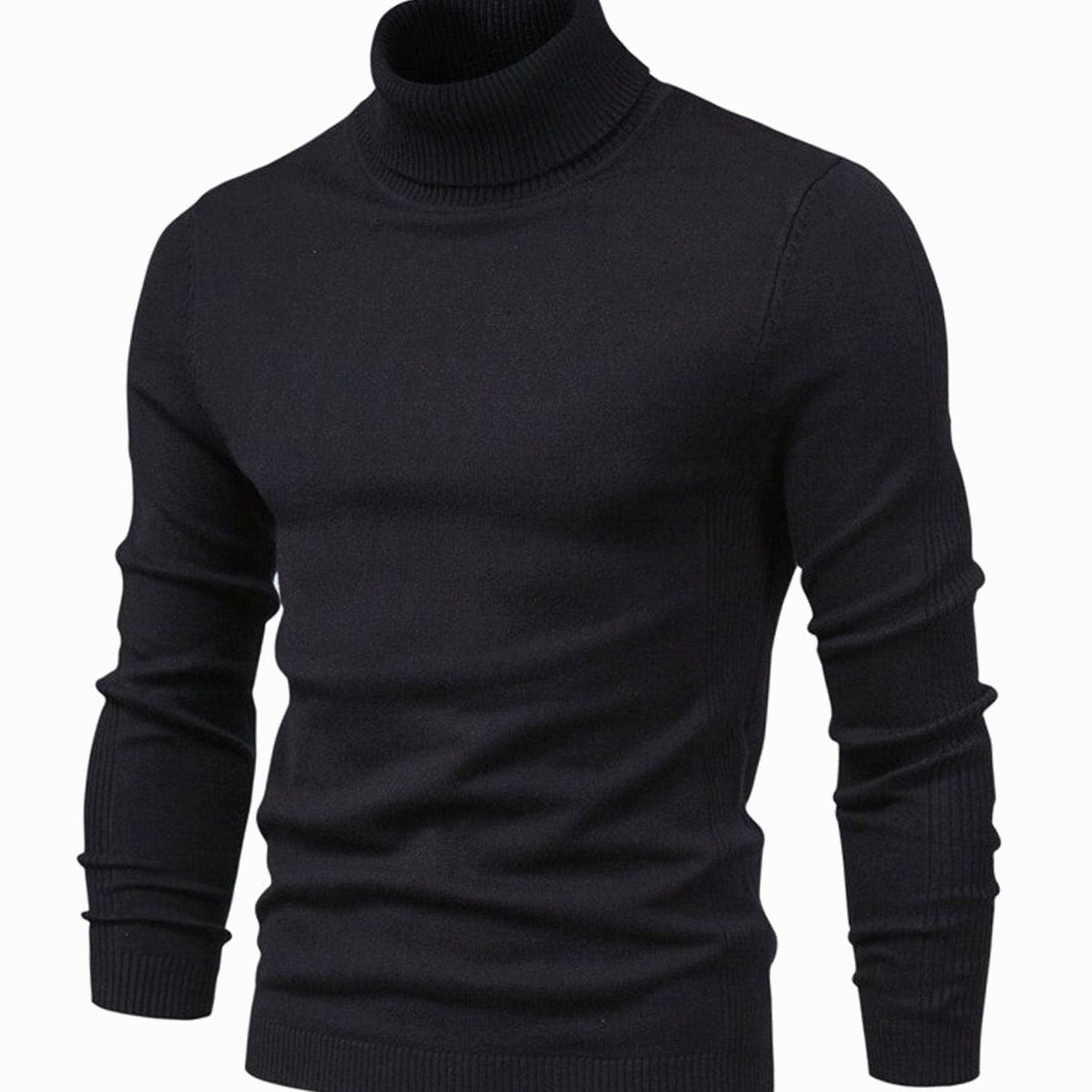 Slim fit turtleneck jumper in black, shown from the front with ribbed collar, cuffs and hem 2