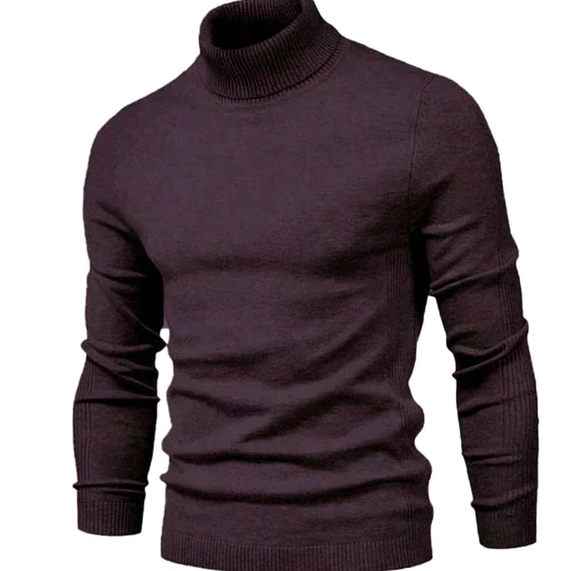 Slim fit turtleneck jumper in dark burgundy-brown, shown from the front with fine ribbed sleeves 4