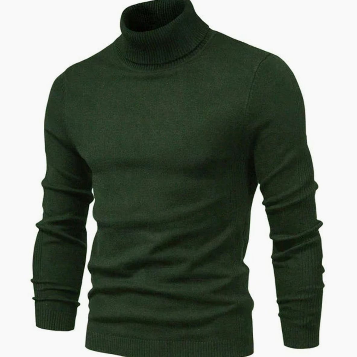 Slim fit turtleneck jumper in dark green, shown from the front with ribbed collar and cuffs 5