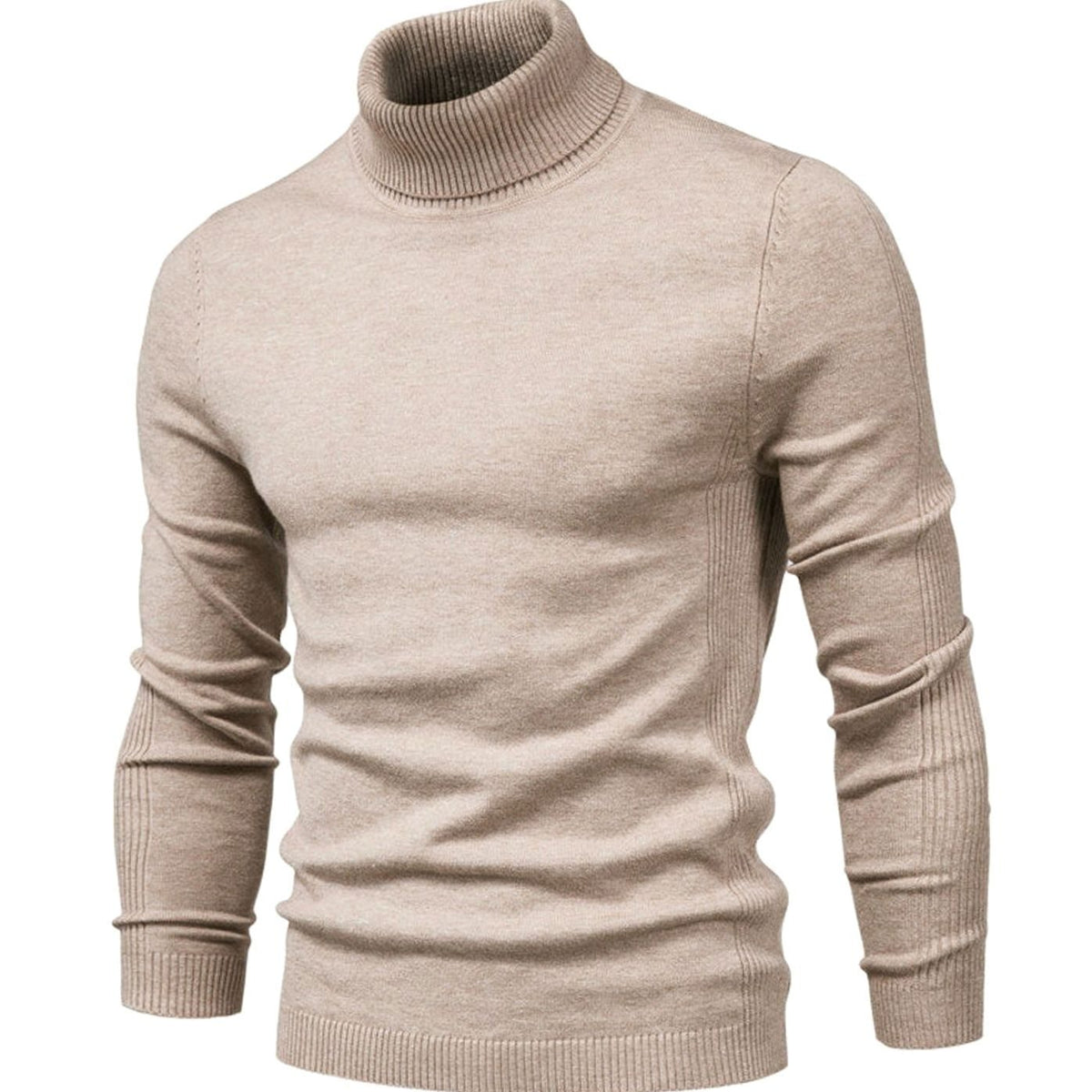 Slim fit turtleneck jumper in beige, shown from the front with ribbed roll neck and hem 6