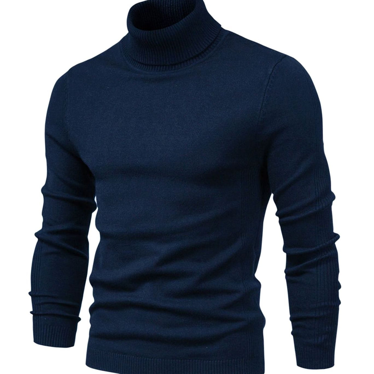 Slim fit turtleneck jumper in navy blue, shown from the front with ribbed collar and cuffs 7