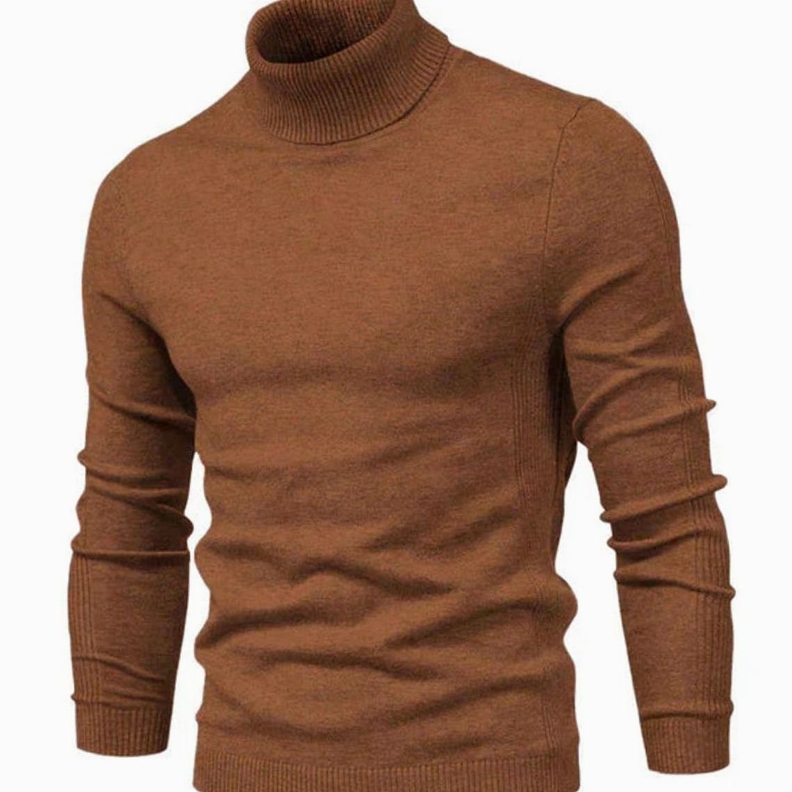 Slim fit turtleneck jumper in warm rust brown, shown from the front with ribbed collar and cuffs 8