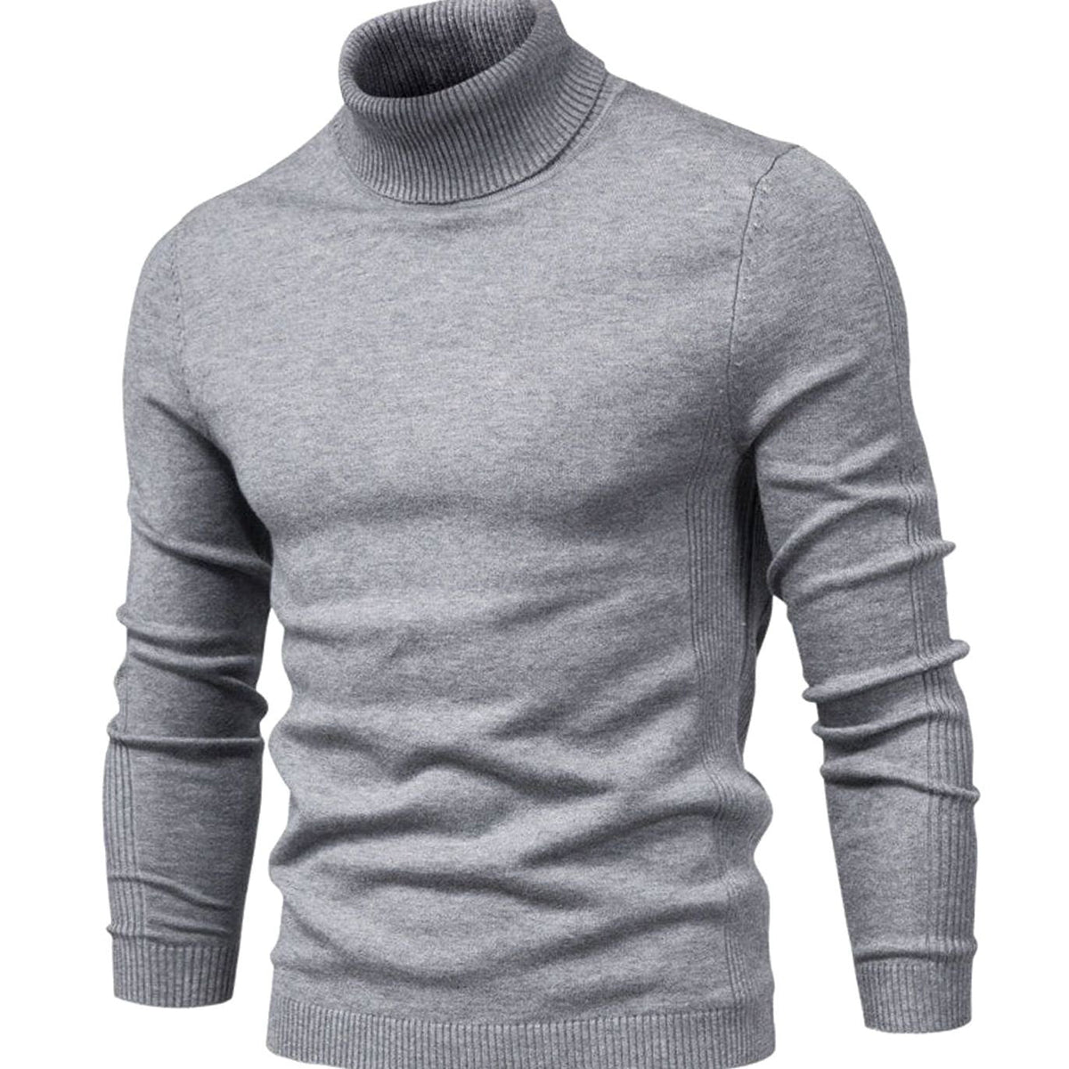 Slim fit turtleneck jumper in light grey, shown from the front with ribbed collar and cuffs 1
