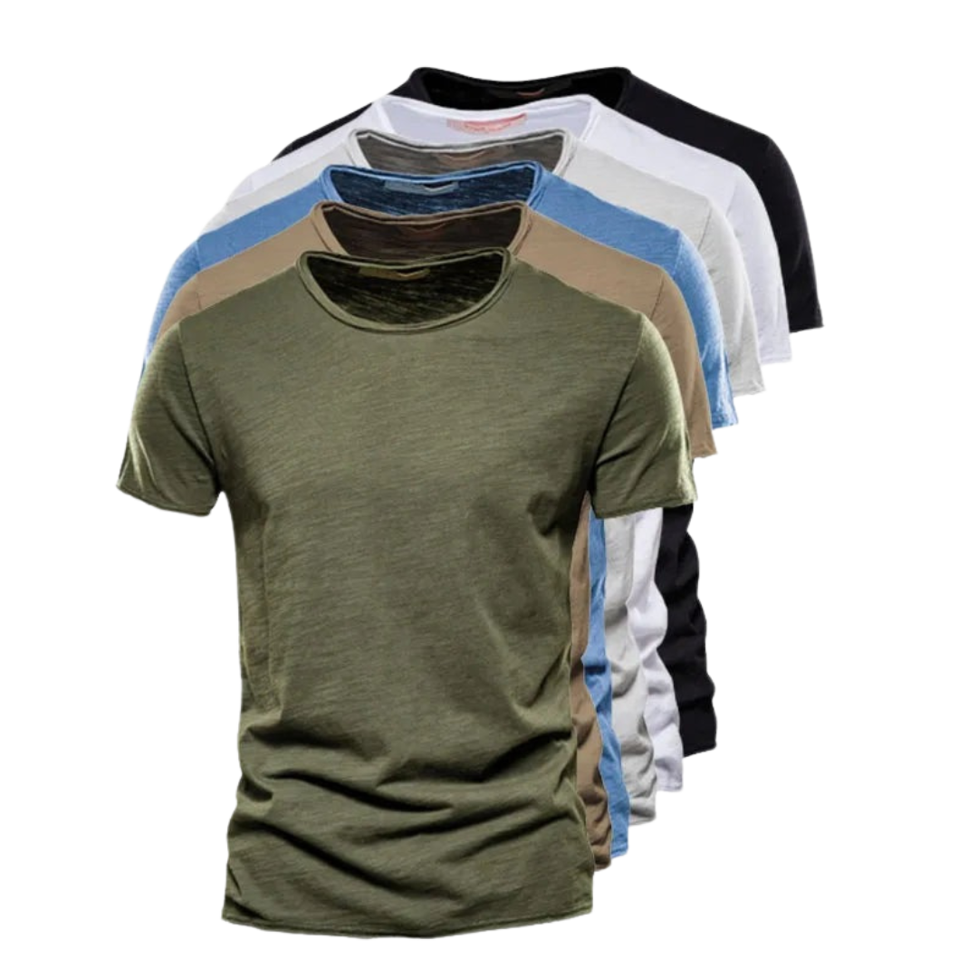 Stack of six crew neck t-shirts in green, khaki, blue, grey, white and black, overlapping to show the colour range. 10