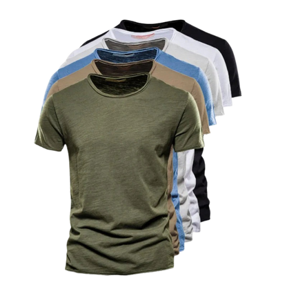 Stack of six crew neck t-shirts in green, khaki, blue, grey, white and black, overlapping to show the colour range. 10