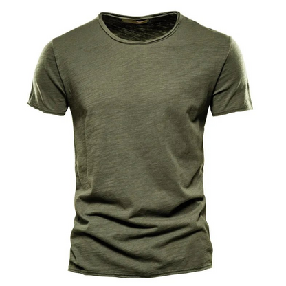 Front view of the short-sleeved crew neck t-shirt in olive green, showing the uneven slub texture and rolled raw edges. 3