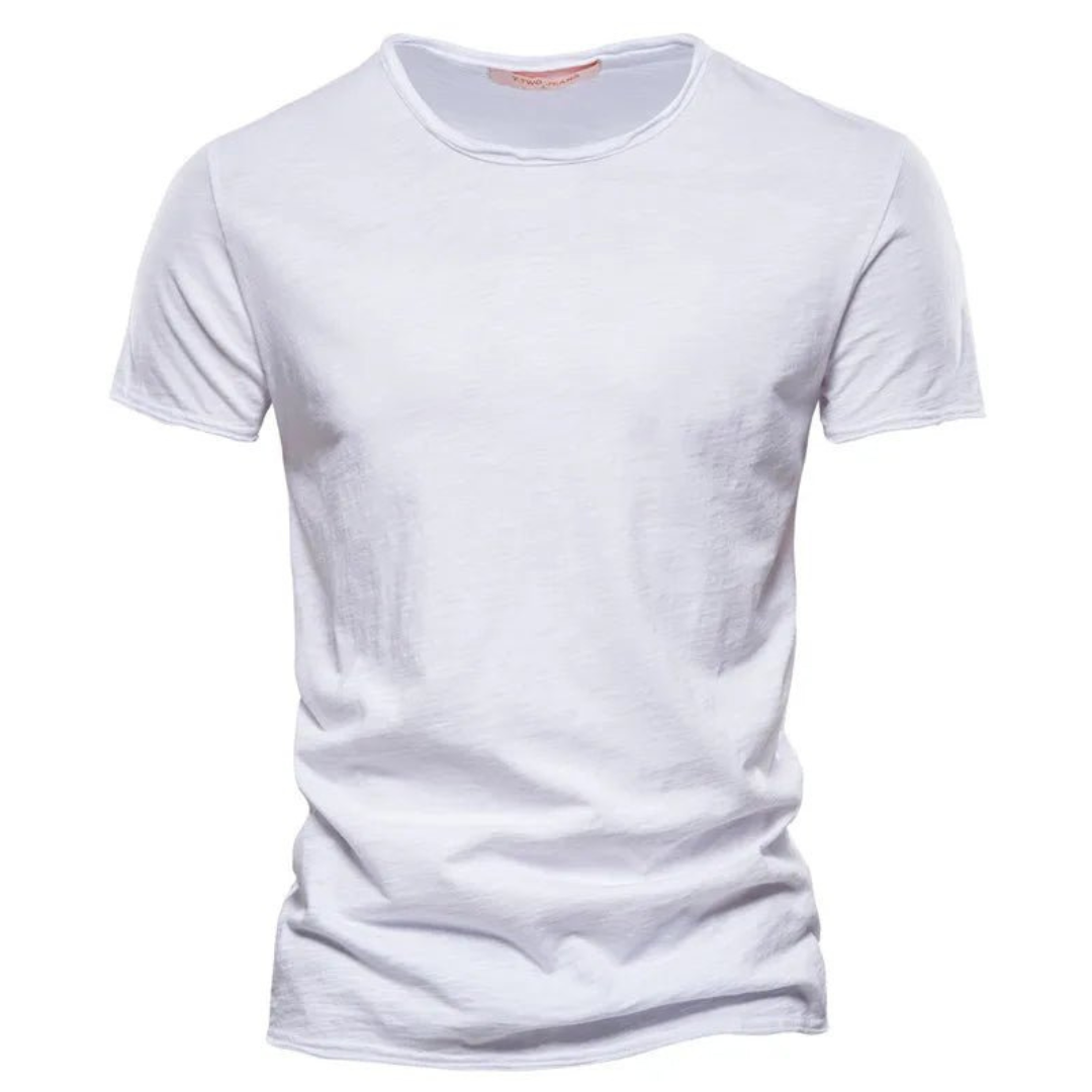 Front view of the short-sleeved crew neck t-shirt in white, showing the lightly textured slub fabric and raw-edged hems. 5