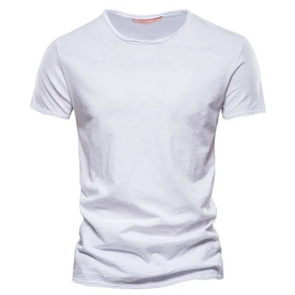 Front view of the short-sleeved crew neck t-shirt in white, showing the lightly textured slub fabric and raw-edged hems. 5