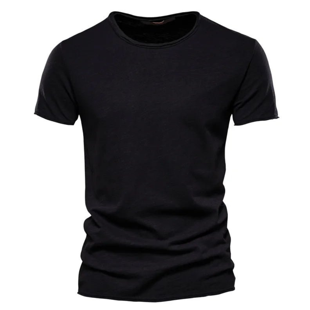 Front view of the short-sleeved crew neck t-shirt in black, with a raw-edged neckline and subtle slub texture. 6