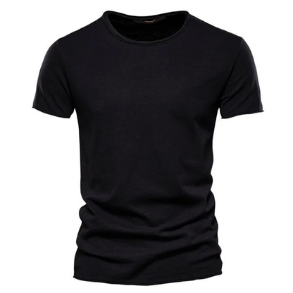 Front view of the short-sleeved crew neck t-shirt in black, with a raw-edged neckline and subtle slub texture. 6