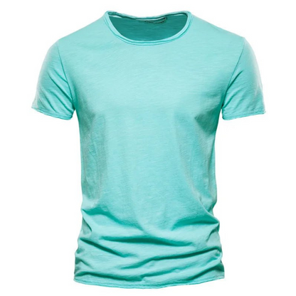 Front view of the short-sleeved crew neck t-shirt in bright aqua, showing the slub fabric texture and raw-edged collar. 9