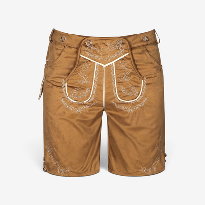 Front view of tan suede-effect breeches with cream piping, embroidered flap and hem, and horn-style buttons 1