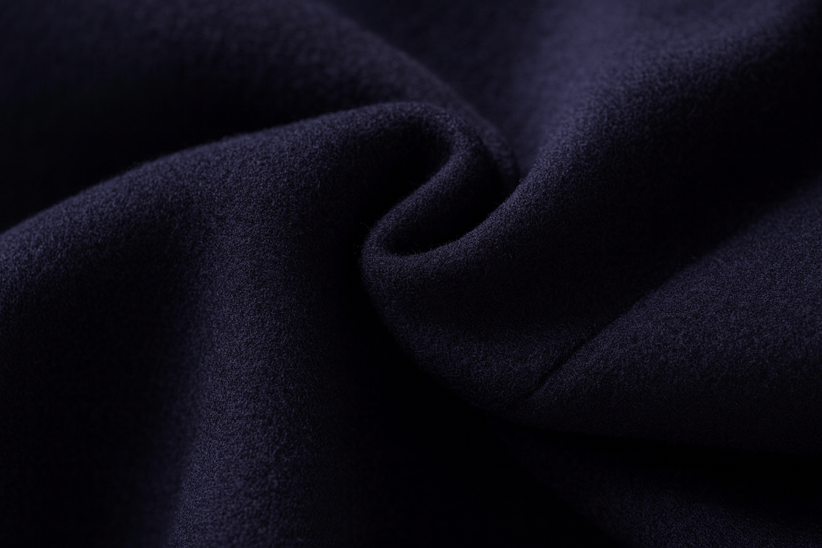 Close-up of the soft, dense navy wool blend fabric in gentle folds 11