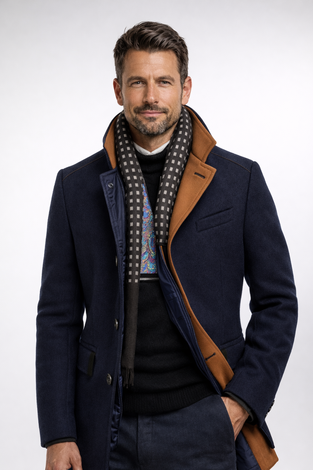 Model wearing the navy coat unbuttoned over a black jumper, with a checked scarf and one hand in pocket 12