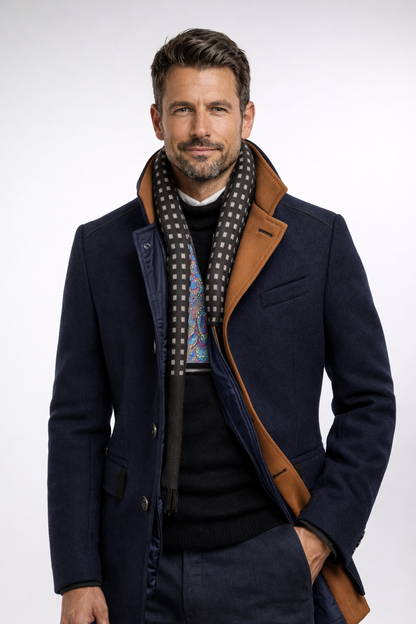 Model wearing the navy coat unbuttoned over a black jumper, with a checked scarf and one hand in pocket 12