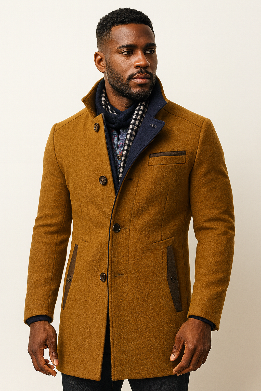 Model wearing the tan coat with navy facing, checked scarf and brown pocket trims, looking to the side 15
