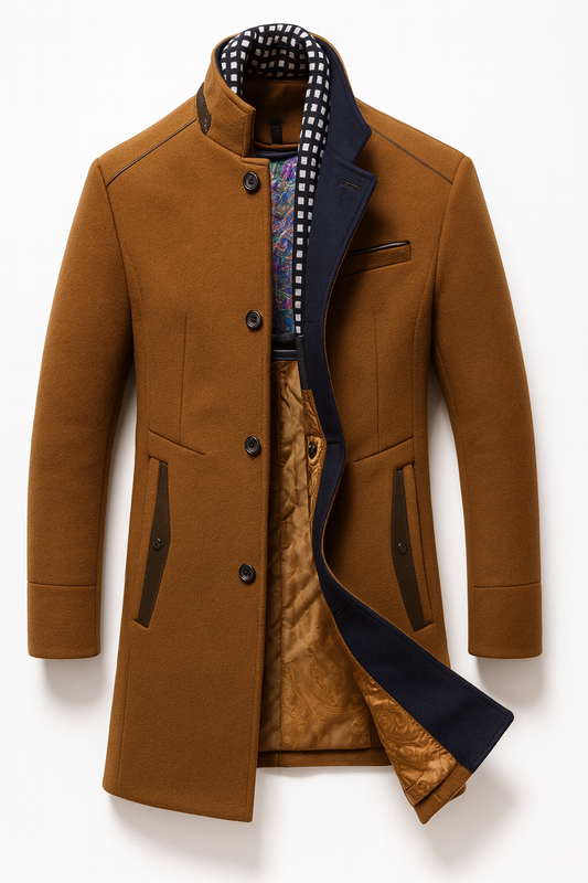 Tan version laid flat, front partly open to show navy facing, paisley lining and leather-look pocket trim 2