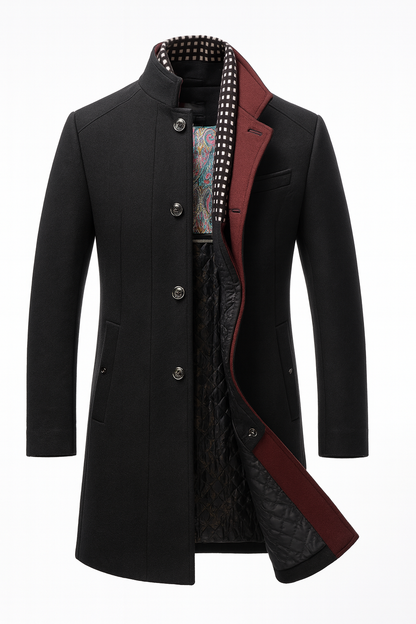 Black version laid flat with silver-tone buttons, burgundy facing, quilted lining and a checked scarf insert 3
