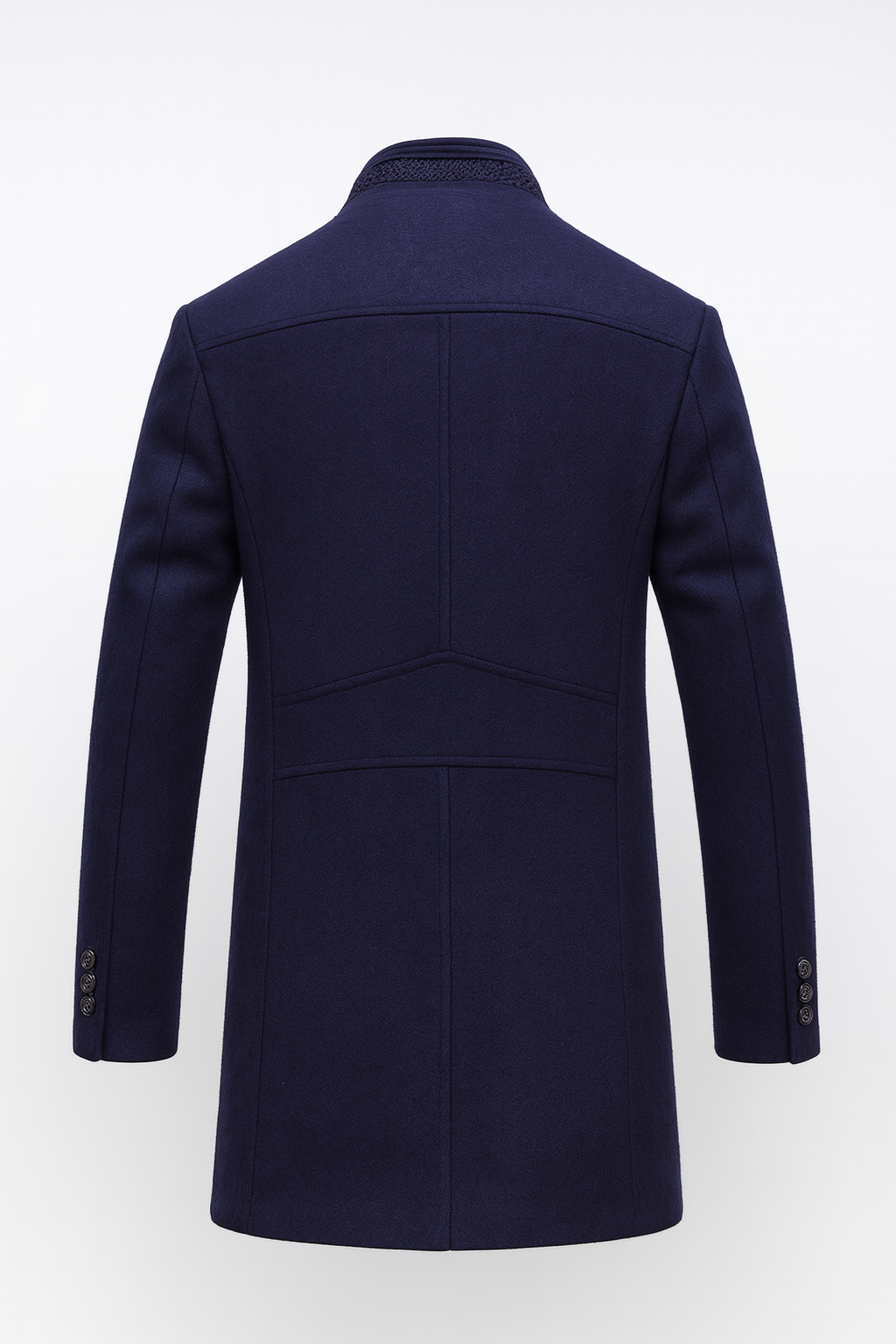 Back of the navy coat, showing panelled seams, a knitted collar edge and three buttons on each cuff 5