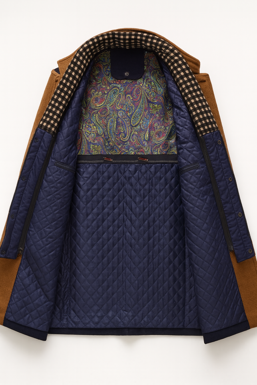 Inside of the tan coat opened out, showing the navy diamond-quilted lining and bright paisley chest panel 6