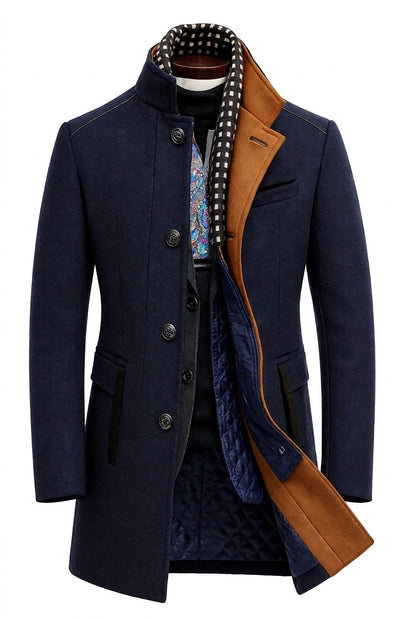 Navy coat on a mannequin, front open to show tan collar facing, quilted lining and checked scarf 1