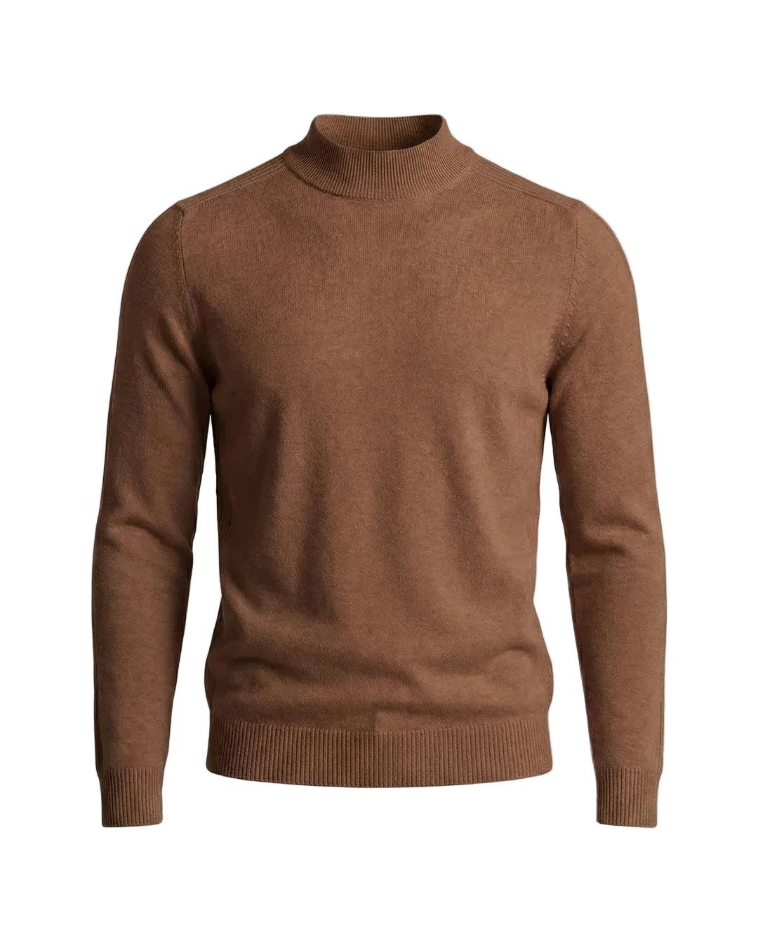 Front view of the jumper in warm brown, laid flat, showing ribbed collar and hem 3