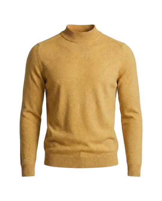 Front view of the jumper in mustard yellow, laid flat, with ribbed cuffs and collar 4