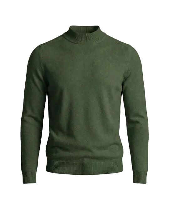 Front view of the jumper in dark green, laid flat, with ribbed stand-up collar 5