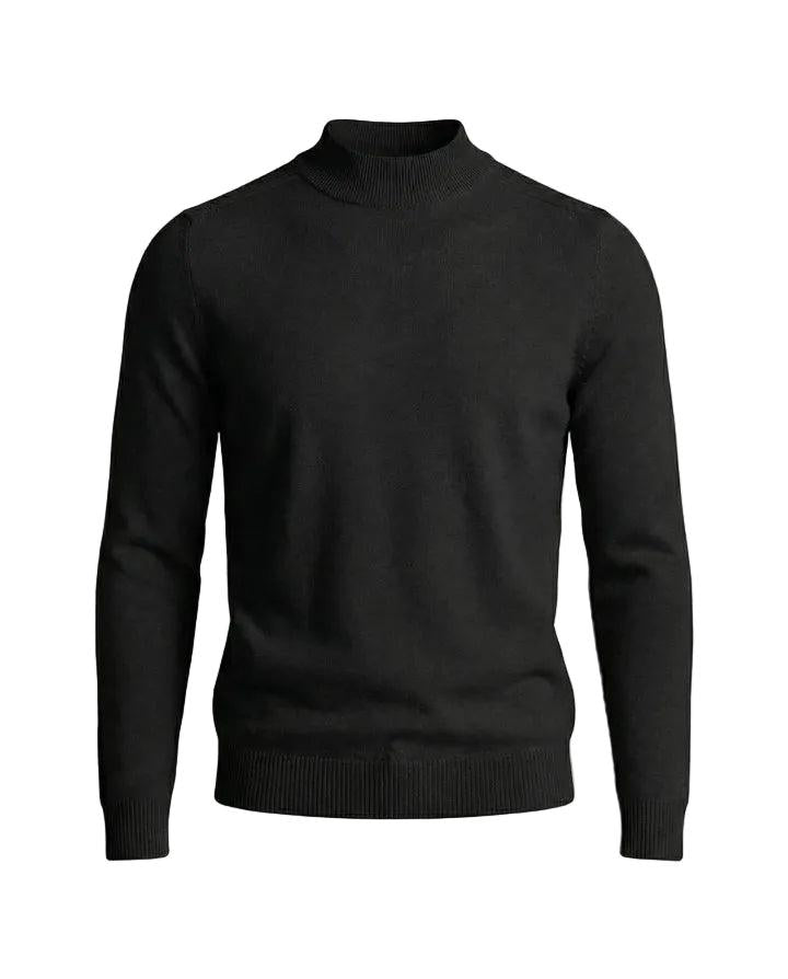 Front view of the jumper in black, laid flat, showing ribbed collar, cuffs and hem 9
