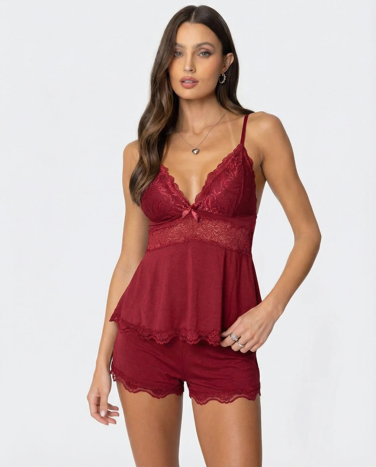 Model in the deep red lace cami and shorts set, front view 5