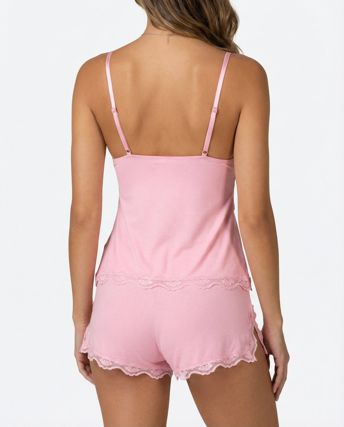 Back view of the pink set showing thin straps, lace hems and shorts side slits 4