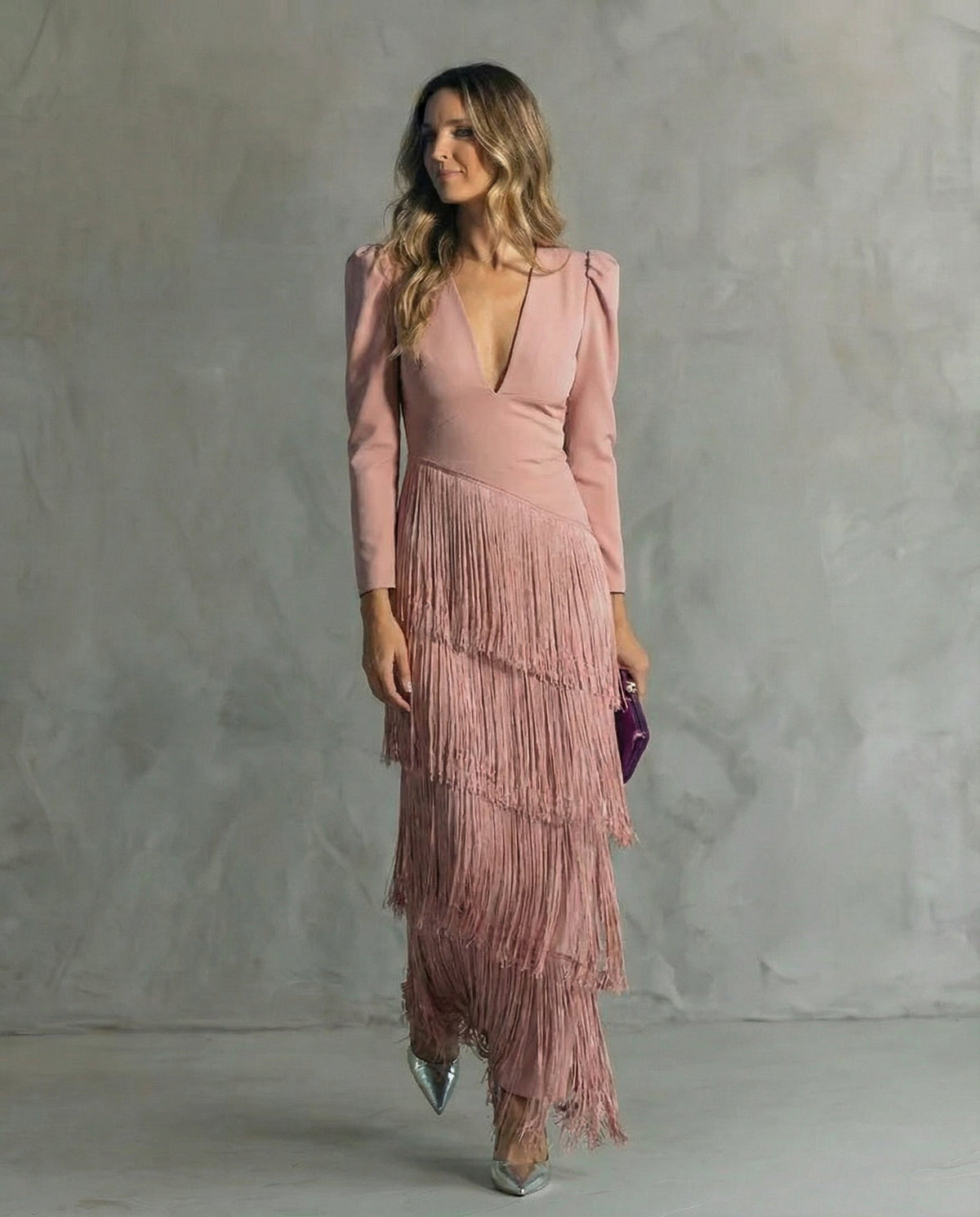 Dusty pink version of the V-neck dress with cascading tiers of fringe, worn with silver heels 7