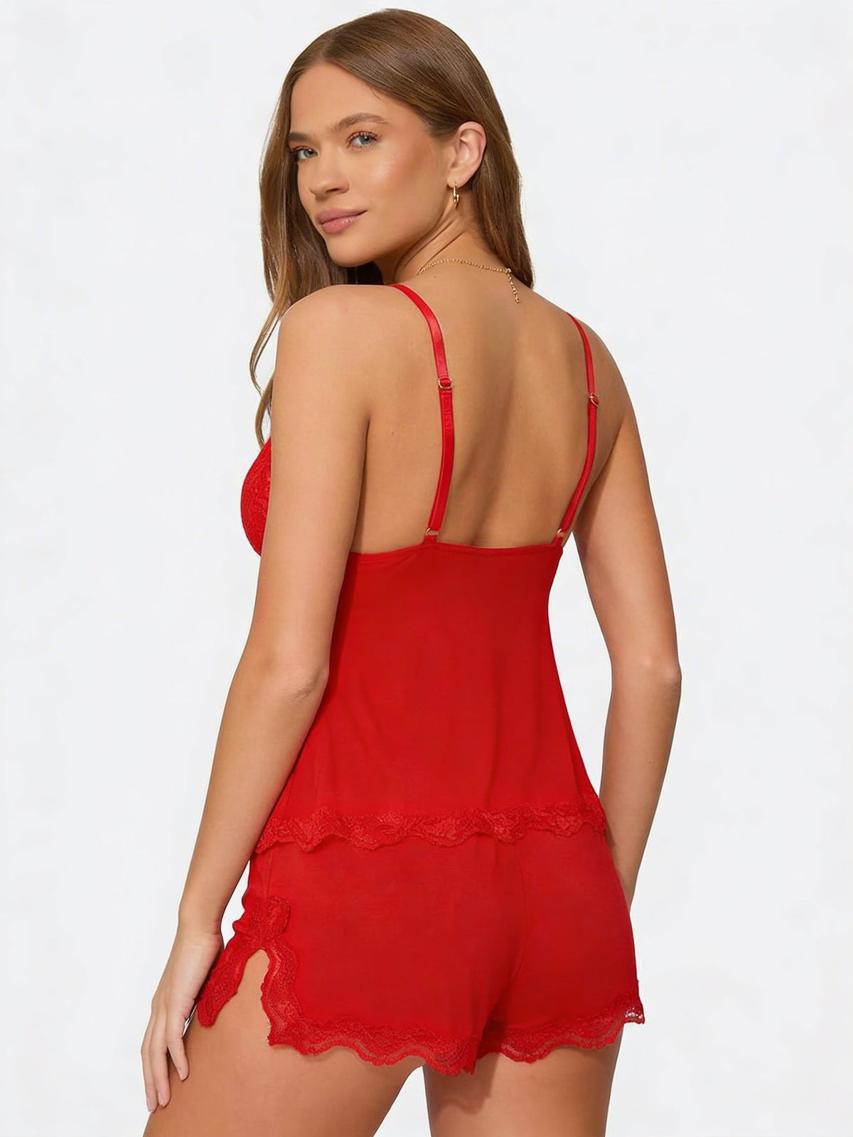 Back view of the red set on a model, with adjustable straps and lace hems 23