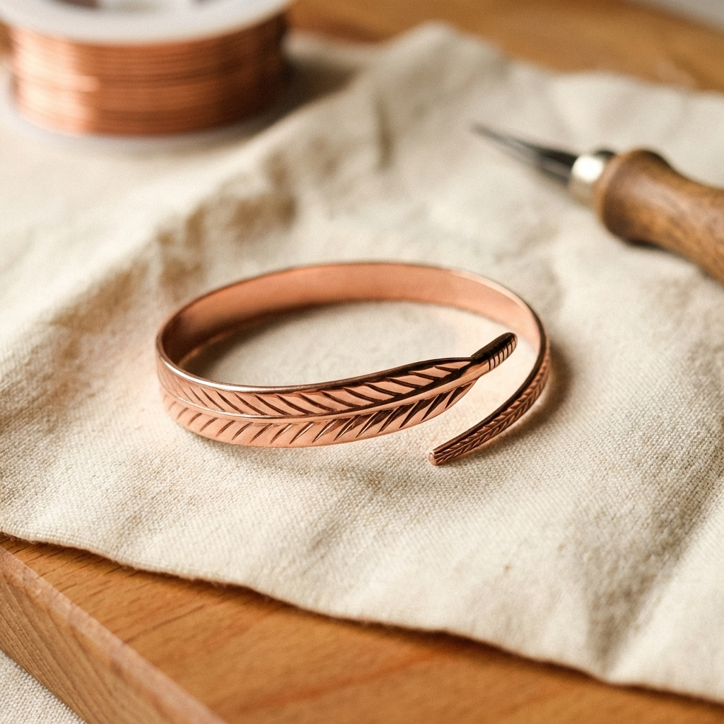 Open copper cuff with engraved feather pattern resting on linen beside a spool of copper wire 1
