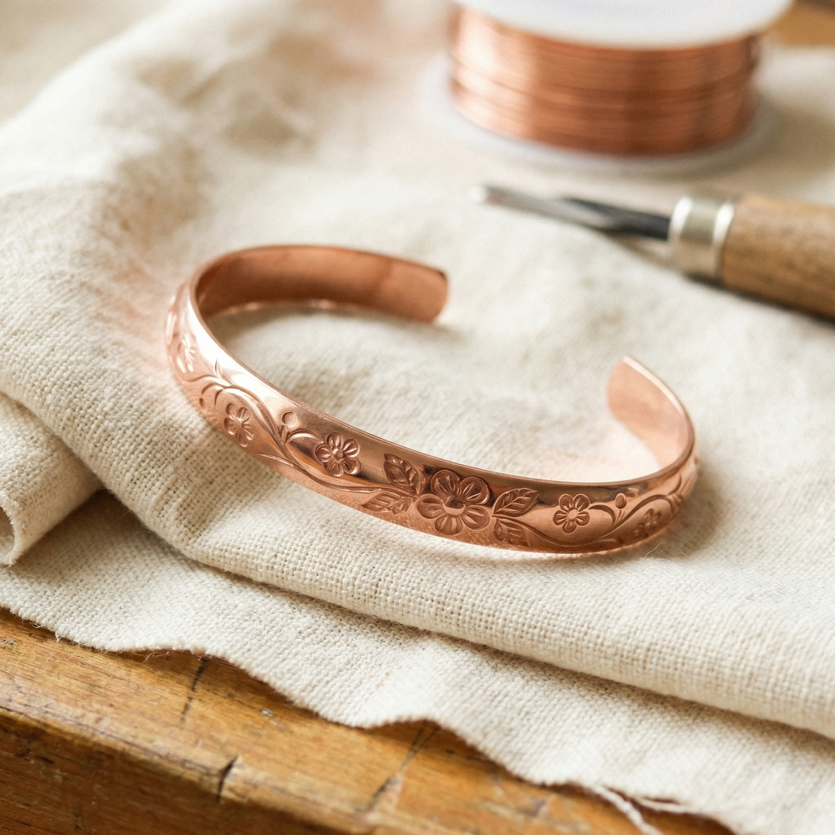 Open copper cuff with engraved flowers, leaves and curling vines, resting on linen beside a spool of wire 1