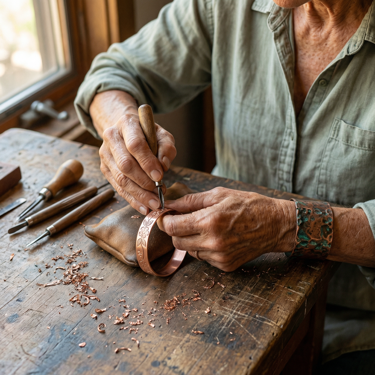 Craftsperson hand engraving flowers and leaves into a copper bangle with a graver, copper shavings scattered on the bench 4
