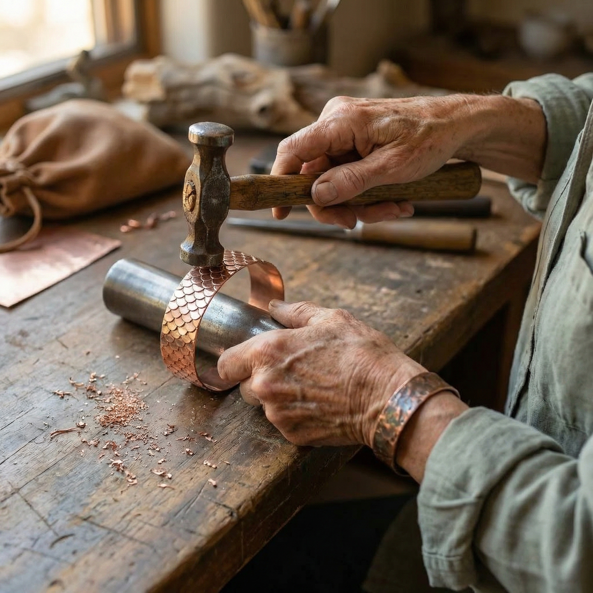 Craftsperson hammering a scale-patterned copper band around a steel mandrel on a worn wooden workbench 4