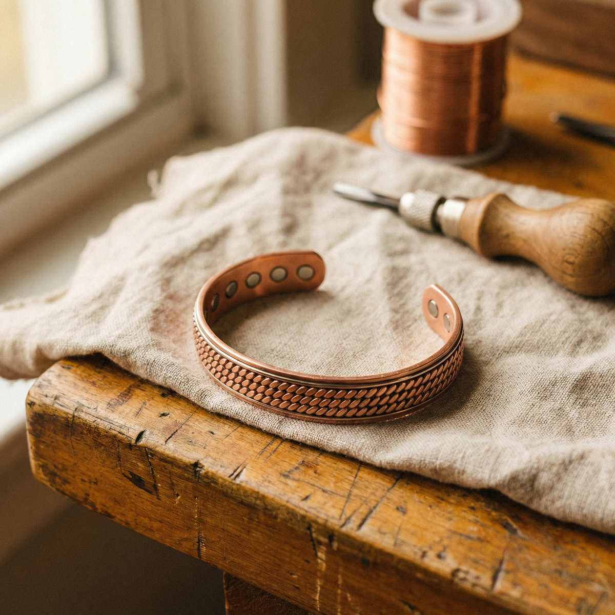 Open copper cuff with a woven rope pattern and magnets inside, on linen beside a spool of wire 1