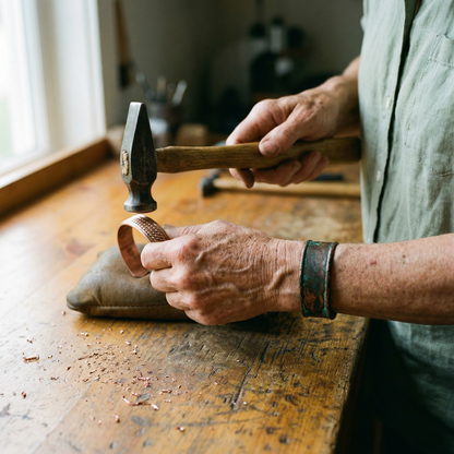 Craftsperson hammering the patterned copper cuff on a leather cushion, with copper shavings on the bench 4