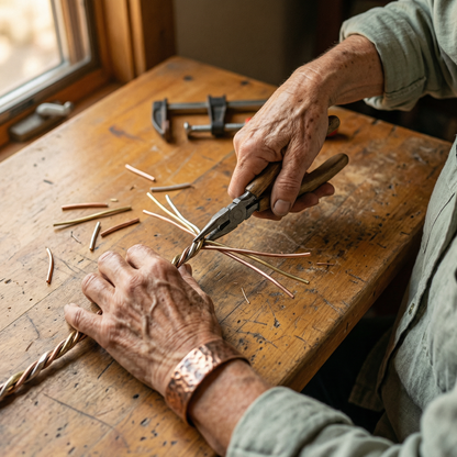 Craftsperson's hands twisting copper, brass and silver-tone wires with pliers on a worn wooden workbench 4