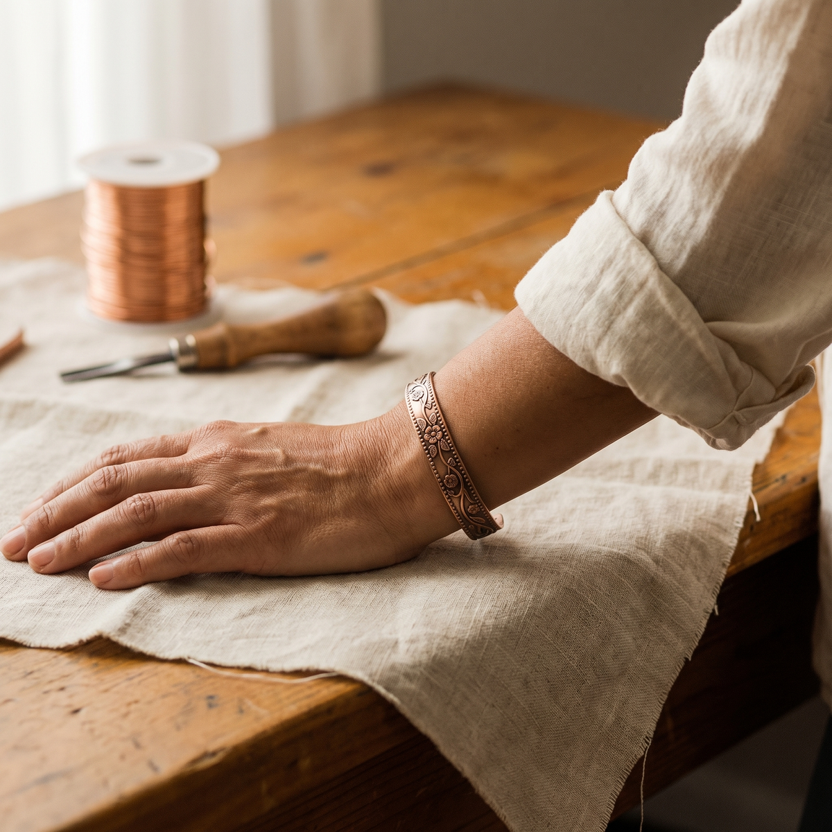 Wrist wearing the engraved copper cuff, hand resting on linen beside a spool of copper wire 2