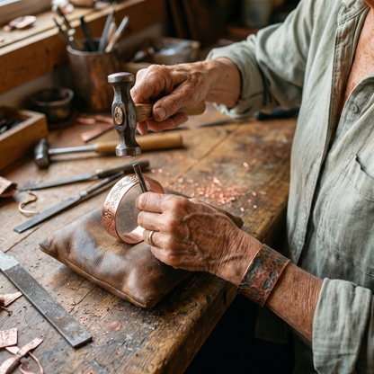 Craftsperson tapping a chisel with a hammer to engrave a floral pattern into a copper cuff 4