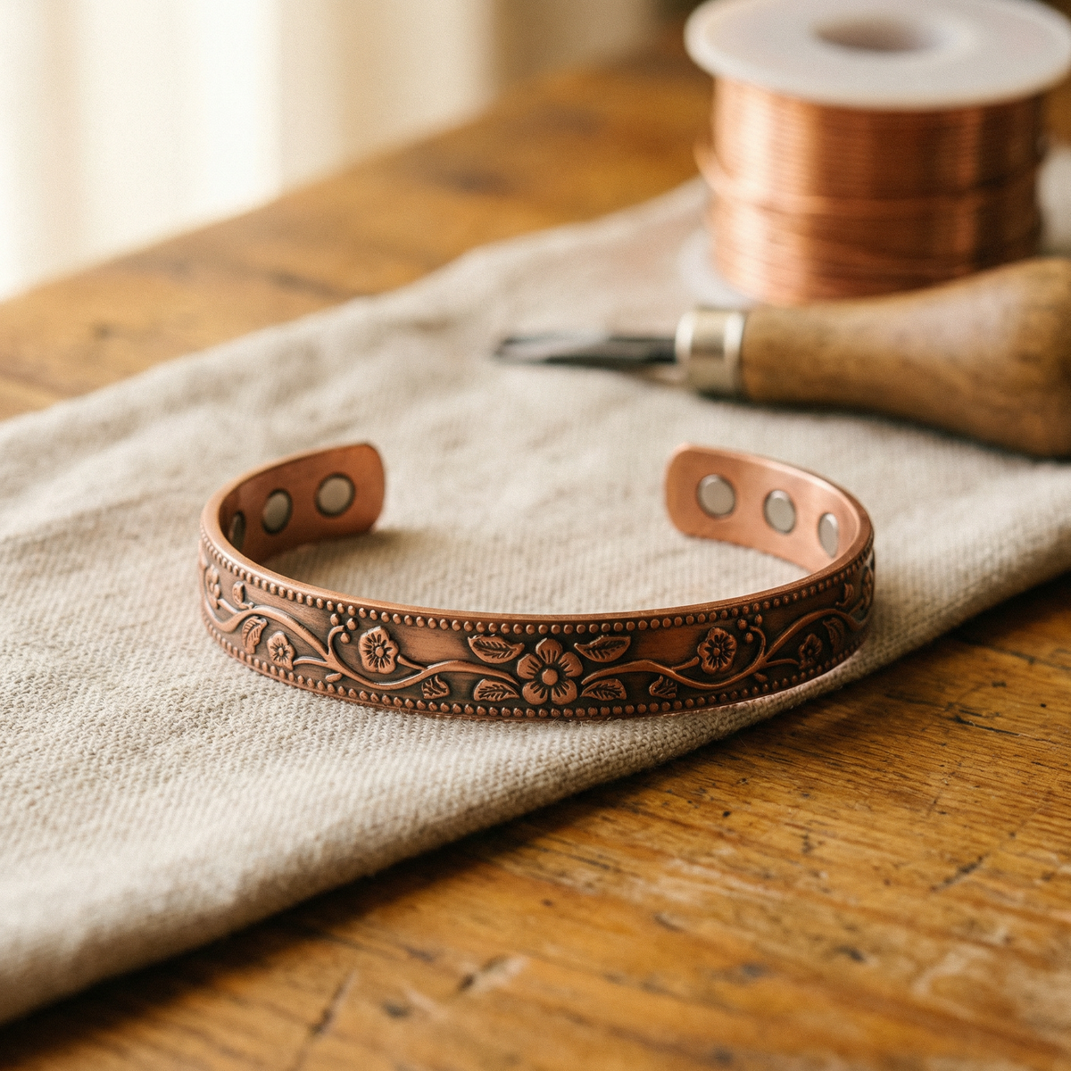 Open copper cuff with a beaded edge and engraved flower vines, magnets inside, on linen 1