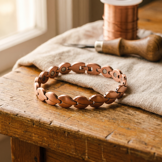 Copper anklet with oval links, round magnets and a clasp lying on a rustic wooden table 2