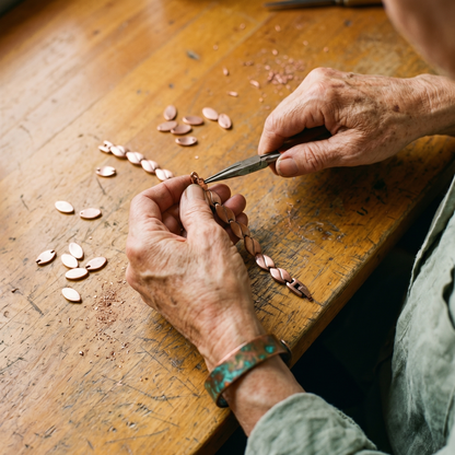 Craftsperson's hands assembling a copper link chain with pliers, small oval copper pieces scattered around 3
